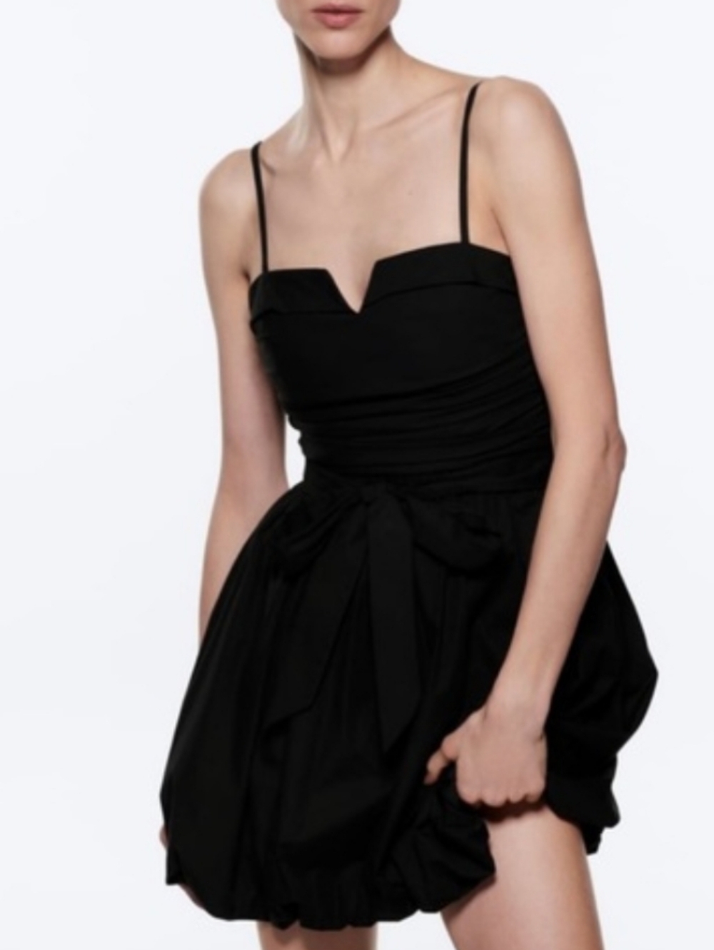 Zara Black Bubble Hem Volume Mini Dress Strappy Cotton Notched Neckline Party M